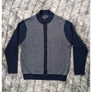 Turtleson Extra Fine Merino Wool Cardigan Sweater Herringbone Panel Mock Large L